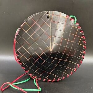 Unique Handcrafted Tooled Leather Grid 2-Sided Red/Black Conical Shoulder Bag